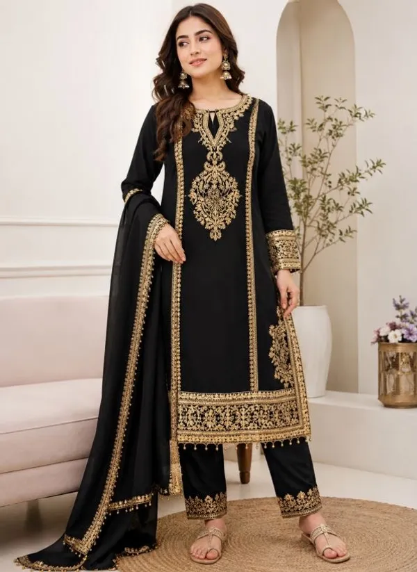 Black_Rayon_Slub_Straight_Embroidered_Kurta_Set_For_Women