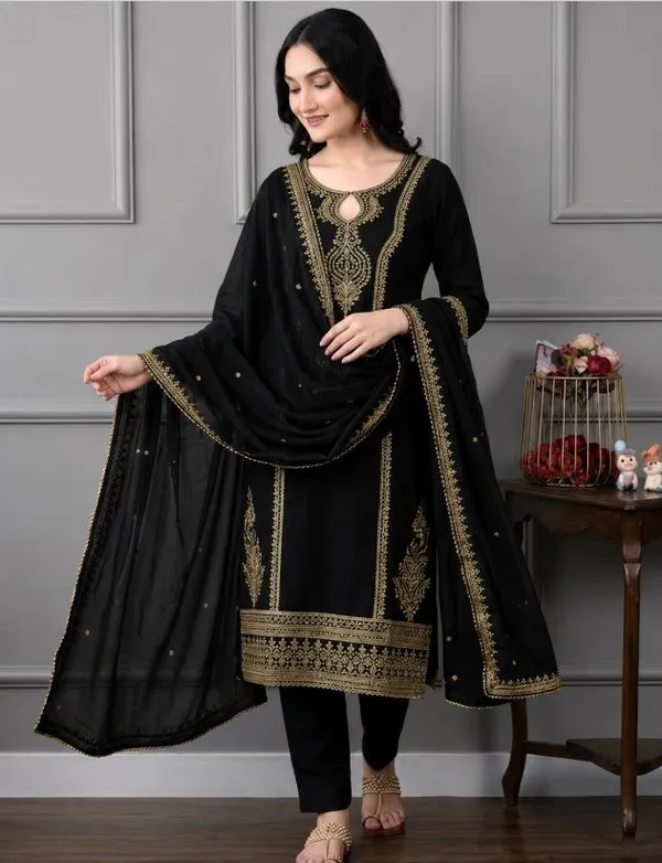 Black_Rayon_Slub_Straight_Embroidered_Kurta_Set_For_Women