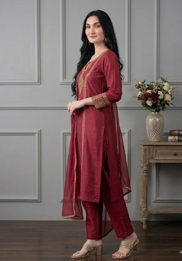 Maroon_Rayon_Slub_Straight_Embroidered_Kurta_Set_For_Women