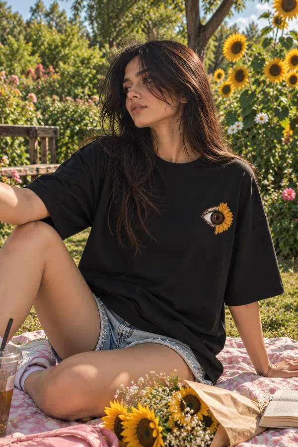 Black_Cotton_Oversized_Eyes_Speak_Sunflower_T-Shirt_For_Unisex