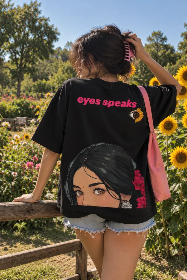 Black_Cotton_Oversized_Eyes_Speak_Sunflower_T-Shirt_For_Unisex