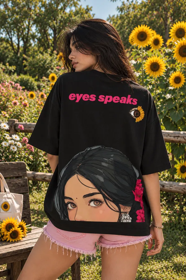 Black_Cotton_Oversized_Eyes_Speak_Sunflower_T-Shirt_For_Unisex