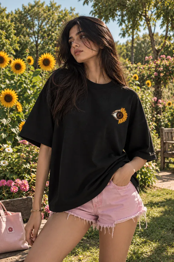 Black_Cotton_Oversized_Eyes_Speak_Sunflower_T-Shirt_For_Unisex