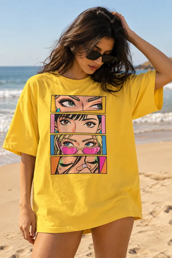 Yellow_Cotton_Oversized_Pop_Art_Eye_Graphic_T-Shirt_For_Unisex