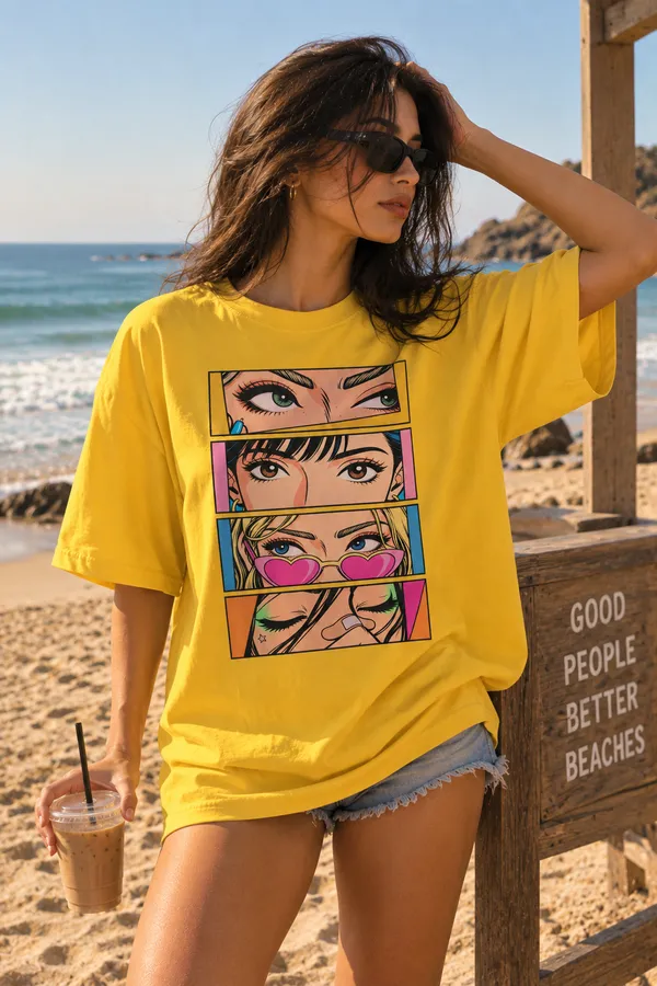 Yellow_Cotton_Oversized_Pop_Art_Eye_Graphic_T-Shirt_For_Unisex