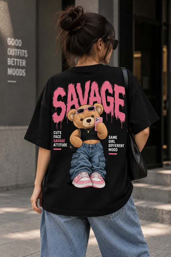 Black_Cotton_Oversized_Savage_Teddy_Graphic_T-Shirt_For_Unisex