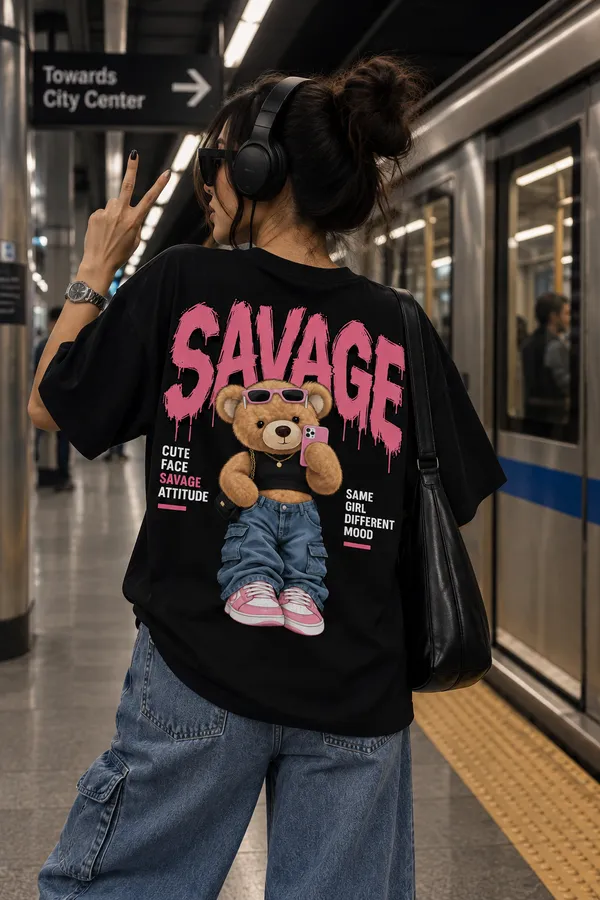 Black_Cotton_Oversized_Savage_Teddy_Graphic_T-Shirt_For_Unisex
