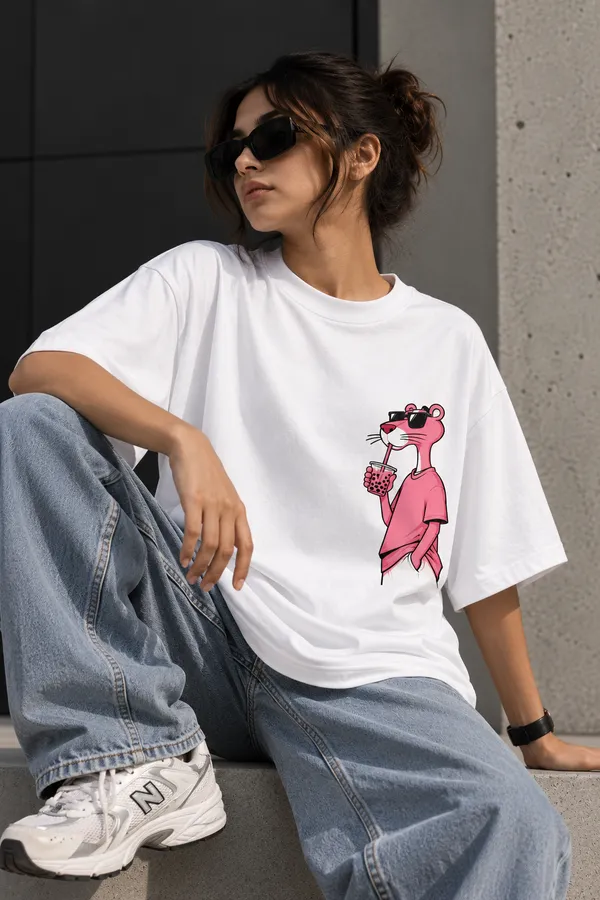 White_Cotton_Oversized_Chill_Panther_Graphic_T-Shirt_For_Unisex