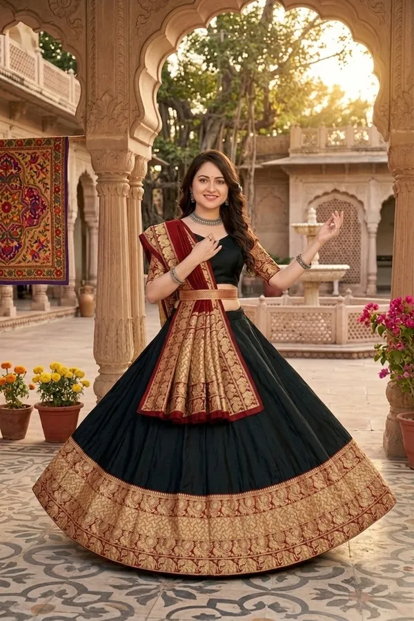 Green_Banarasi_Silk_Flared_Lehenga_Choli_Set_For_Women