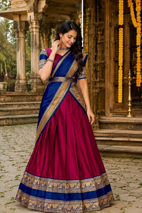 Blue_Magenta_Banarasi_Silk_Flared_Lehenga_Choli_Set_For_Women