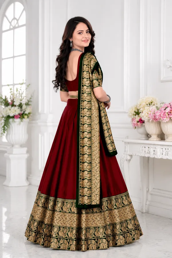 Maroon_Banarasi_Silk_Flared_Lehenga_Choli_Set_For_Women