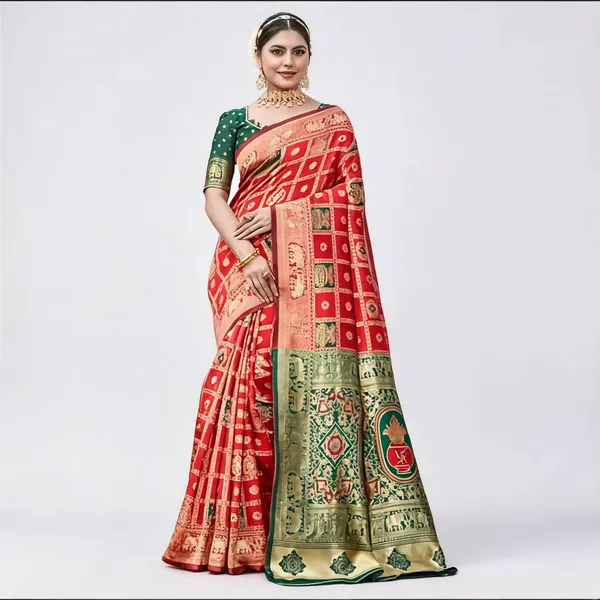 Red_Green_Banarasi_Silk_Printed_Saree_For_Women