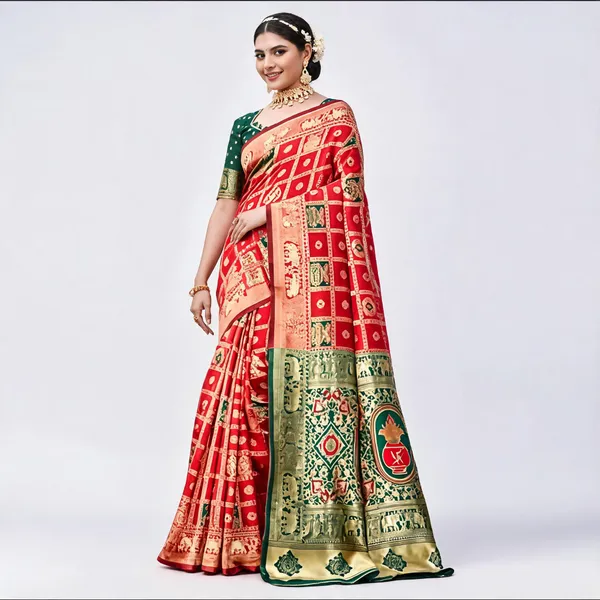 Red_Green_Banarasi_Silk_Printed_Saree_For_Women
