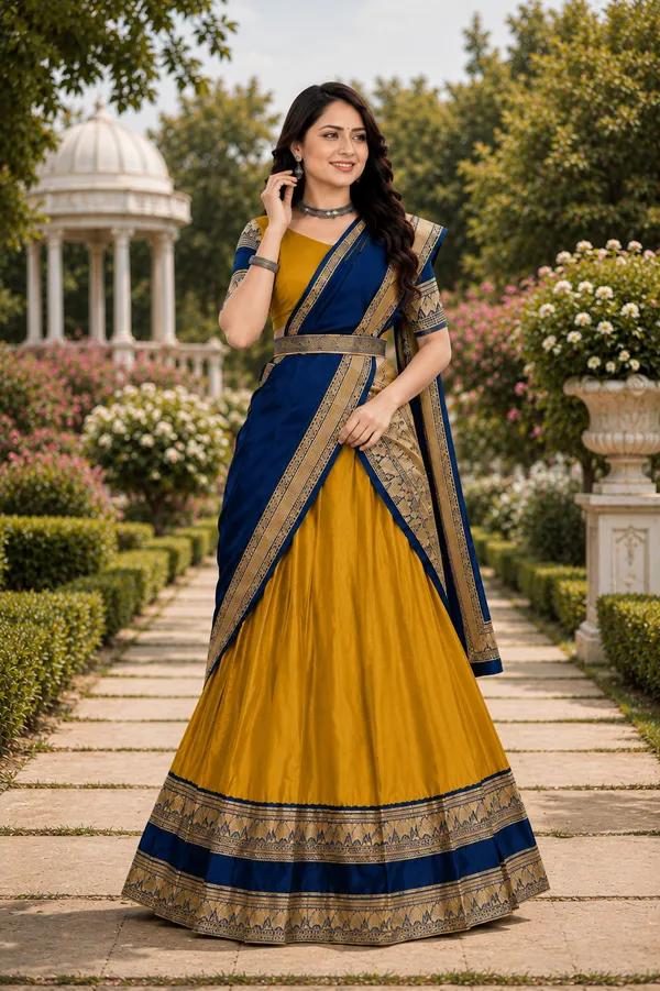 Blue_Mustard_Banarasi_Silk_Printed_Lehenga_Saree_For_Women