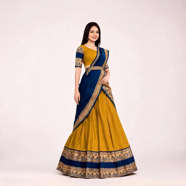Blue_Mustard_Banarasi_Silk_Printed_Lehenga_Saree_For_Women