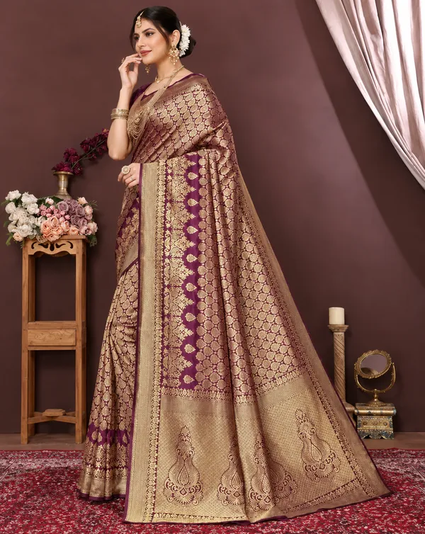 Wine_Banarasi_Silk_Brocade_Saree_For_Women