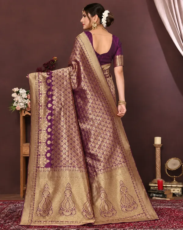 Wine_Banarasi_Silk_Brocade_Saree_For_Women