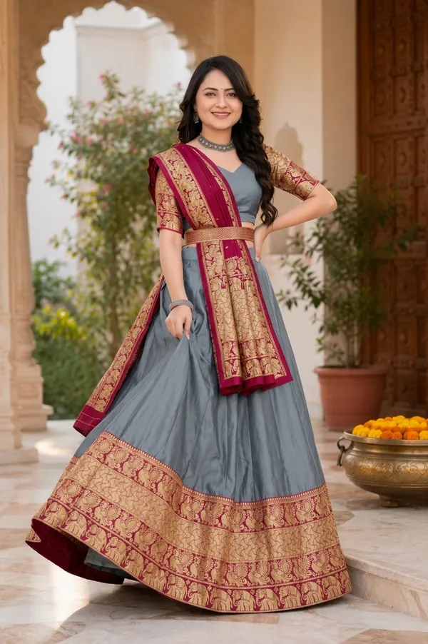 Grey_Banarasi_Silk_Flared_Lehenga_Choli_Set_For_Women