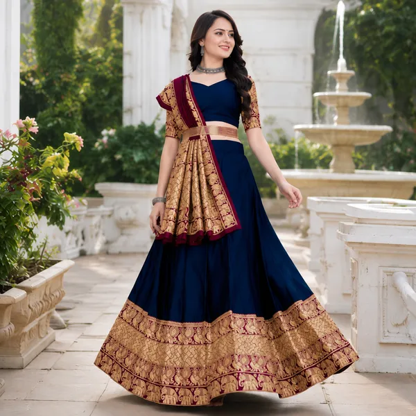 Navy_Blue_Banarasi_Silk_Flared_Lehenga_Choli_Set_For_Women