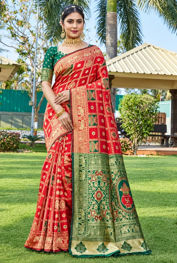 Red_Green_Banarasi_Silk_Printed_Saree_For_Women