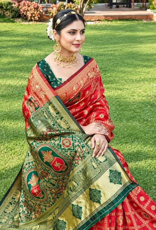 Red_Green_Banarasi_Silk_Printed_Saree_For_Women