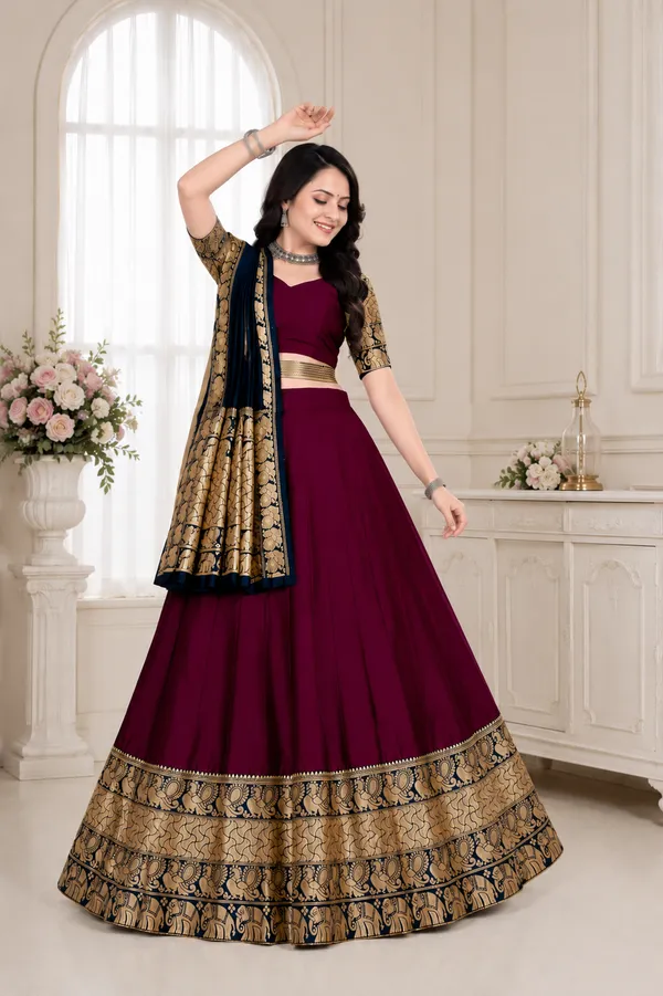 Maroon_Banarasi_Silk_Flared_Lehenga_Choli_Set_For_Women