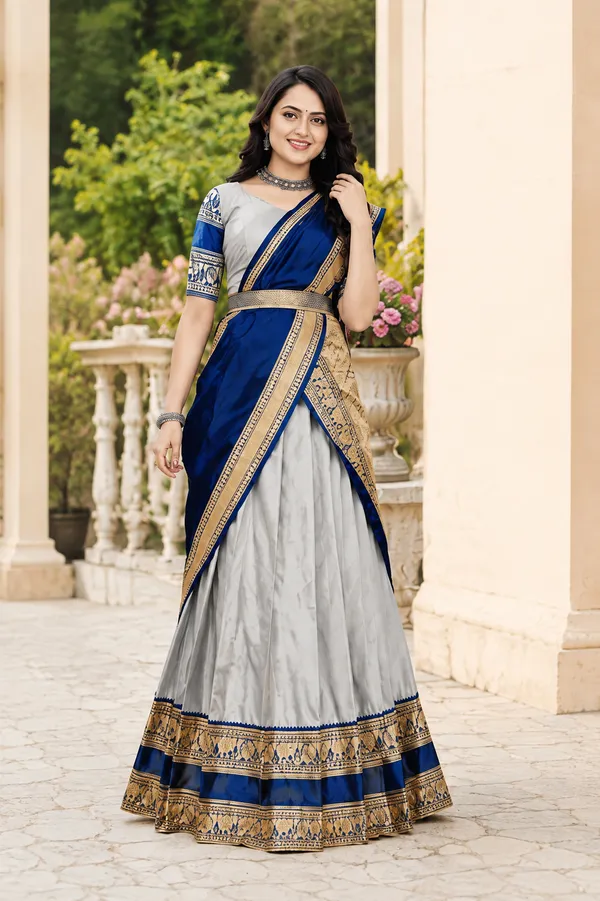Grey_Blue_Banarasi_Silk_Flared_Lehenga_Choli_Set_For_Women