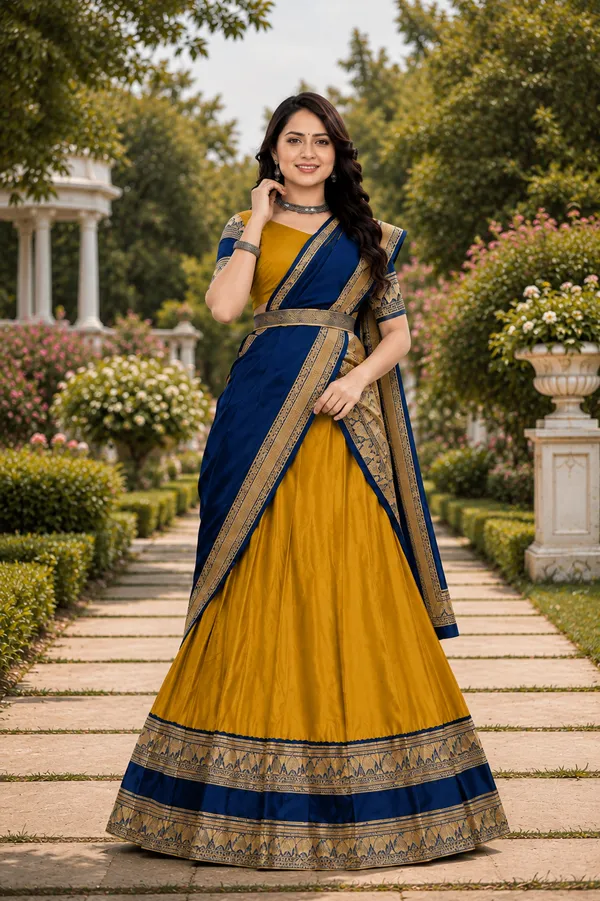 Blue_Mustard_Banarasi_Silk_Printed_Lehenga_Saree_For_Women