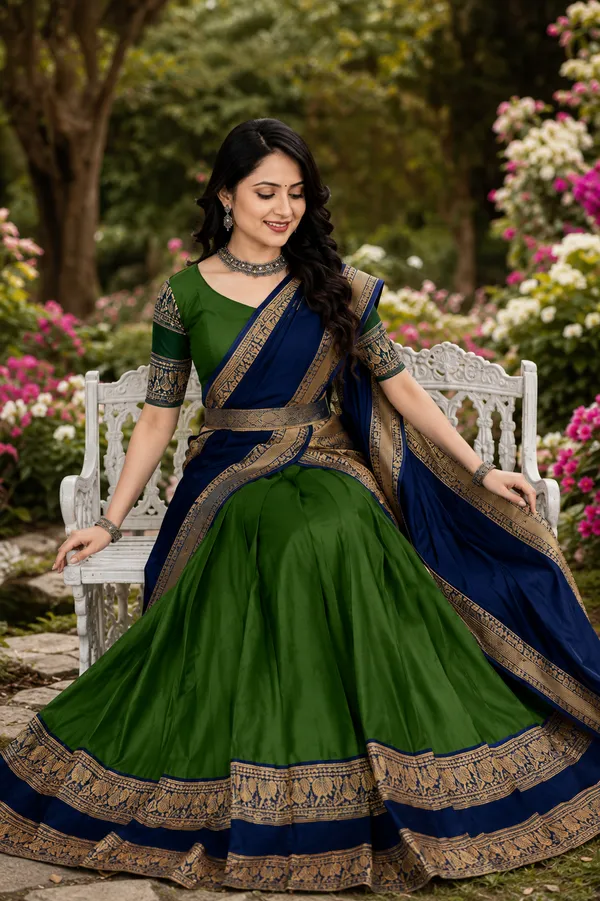 Green_Navy_Banarasi_Silk_Flared_Lehenga_Choli_Set_For_Women
