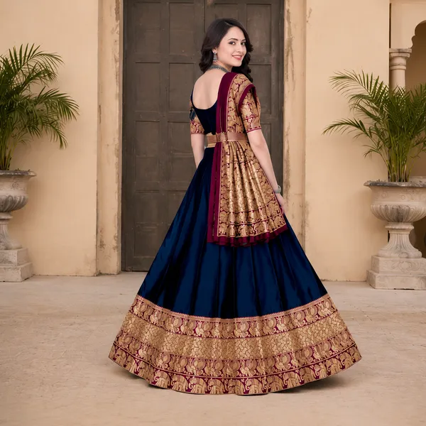Navy_Blue_Banarasi_Silk_Flared_Lehenga_Choli_Set_For_Women