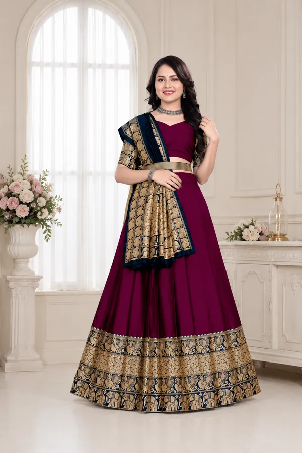 Maroon_Banarasi_Silk_Flared_Lehenga_Choli_Set_For_Women