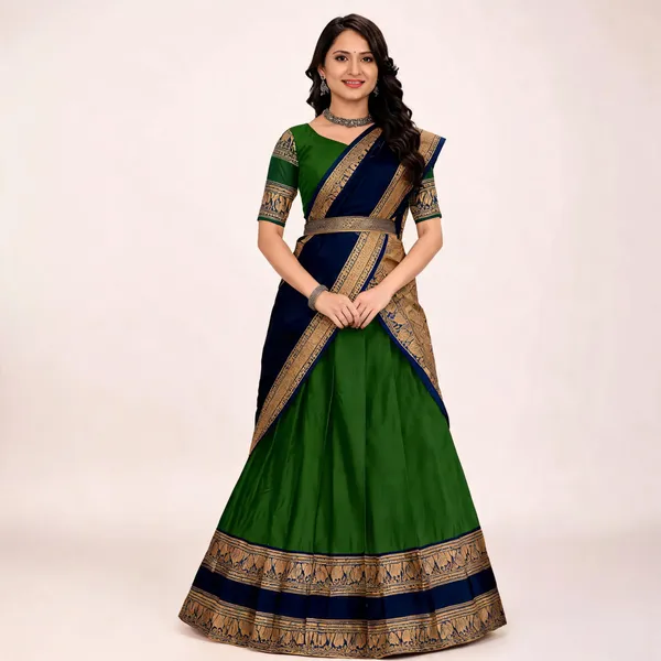 Green_Navy_Banarasi_Silk_Flared_Lehenga_Choli_Set_For_Women