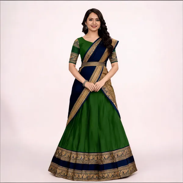 Green_Navy_Banarasi_Silk_Flared_Lehenga_Choli_Set_For_Women