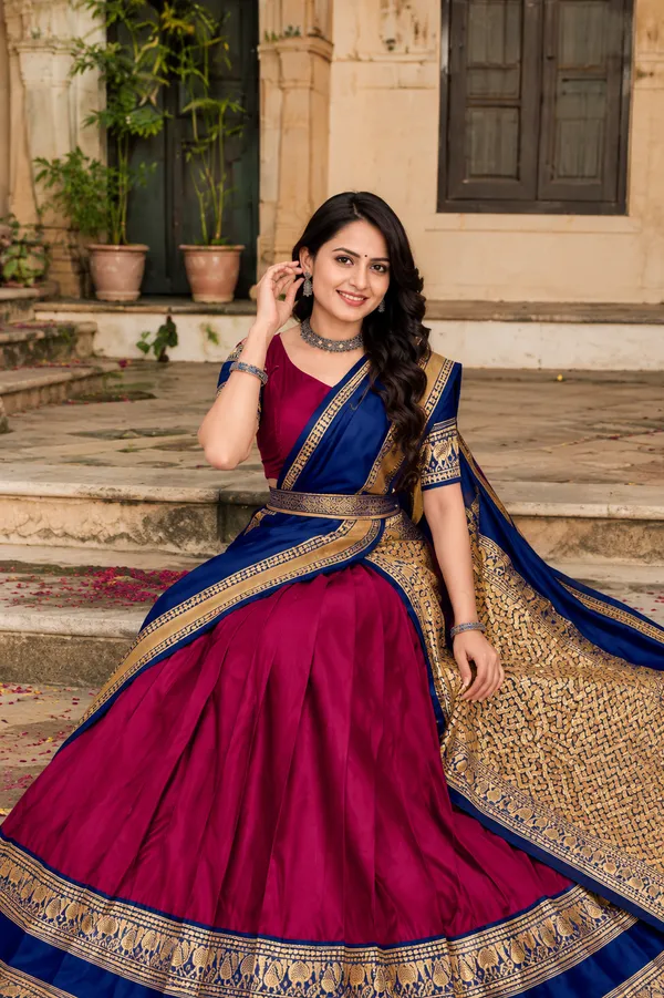 Blue_Magenta_Banarasi_Silk_Flared_Lehenga_Choli_Set_For_Women