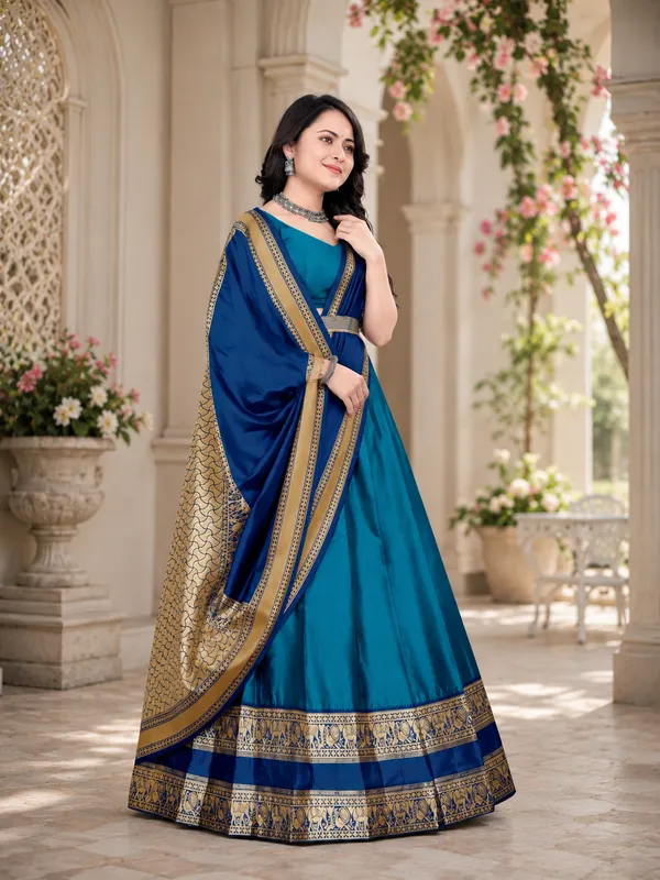 Blue_Banarasi_Silk_Flared_Lehenga_Choli_Set_For_Women