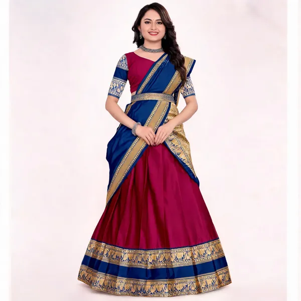 Blue_Magenta_Banarasi_Silk_Flared_Lehenga_Choli_Set_For_Women
