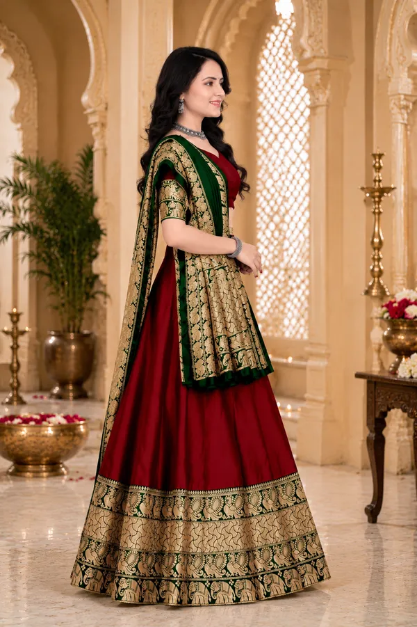 Maroon_Banarasi_Silk_Flared_Lehenga_Choli_Set_For_Women