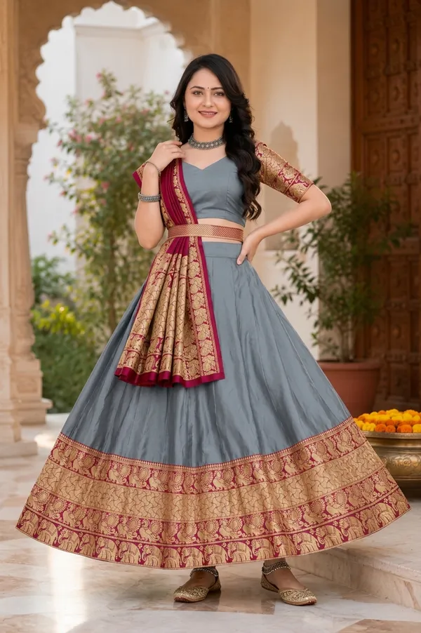 Grey_Banarasi_Silk_Flared_Lehenga_Choli_Set_For_Women