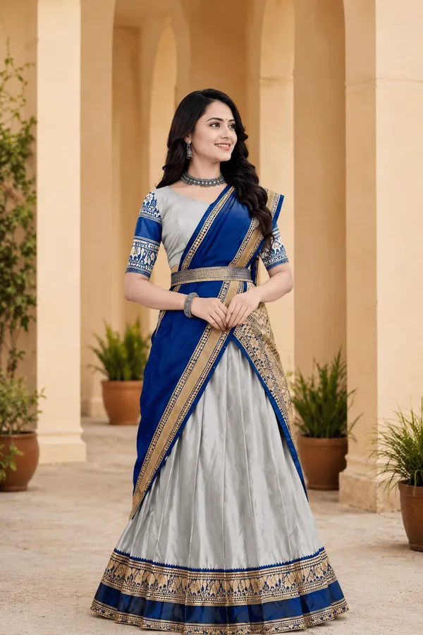Grey_Blue_Banarasi_Silk_Flared_Lehenga_Choli_Set_For_Women