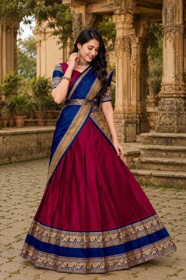 Blue_Magenta_Banarasi_Silk_Flared_Lehenga_Choli_Set_For_Women