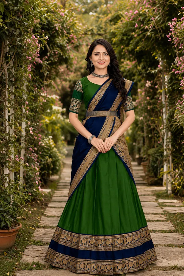 Green_Navy_Banarasi_Silk_Flared_Lehenga_Choli_Set_For_Women