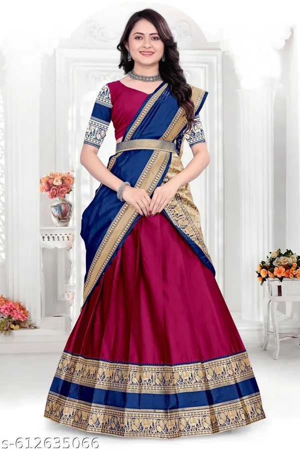 Blue_Magenta_Banarasi_Silk_Flared_Lehenga_Choli_Set_For_Women