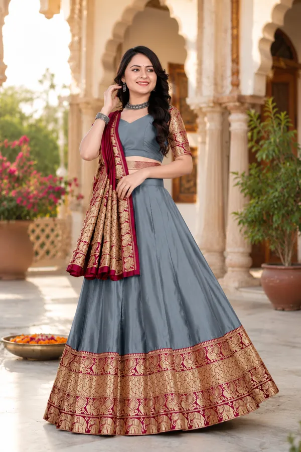 Grey_Banarasi_Silk_Flared_Lehenga_Choli_Set_For_Women
