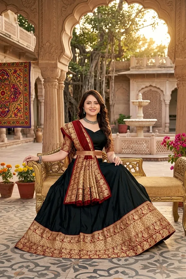 Green_Banarasi_Silk_Flared_Lehenga_Choli_Set_For_Women