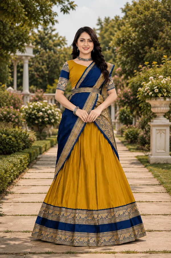 Blue_Mustard_Banarasi_Silk_Printed_Lehenga_Saree_For_Women