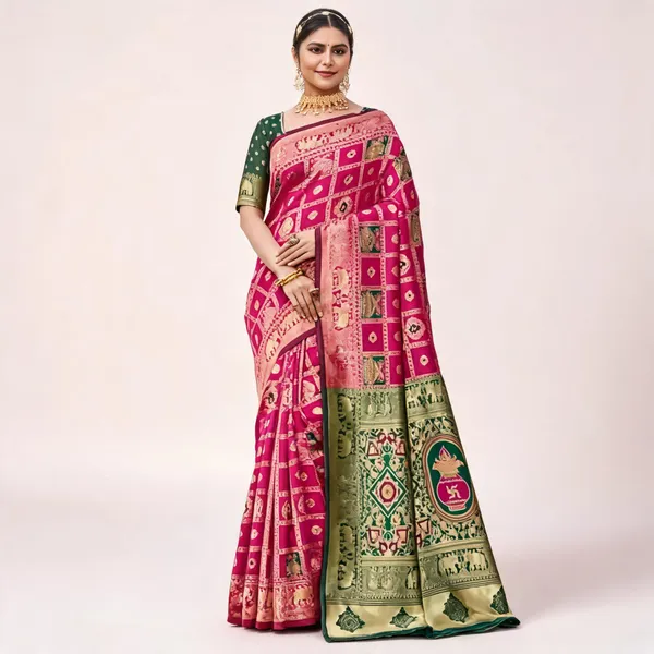 Pink_Green_Banarasi_Silk_Printed_Saree_For_Women