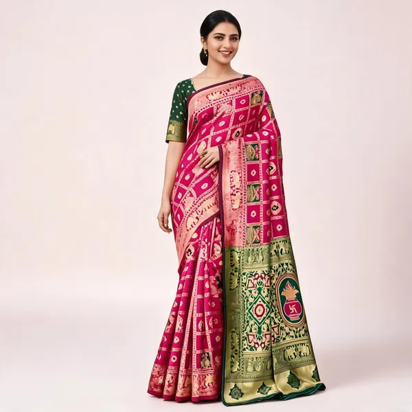 Pink_Green_Banarasi_Silk_Printed_Saree_For_Women