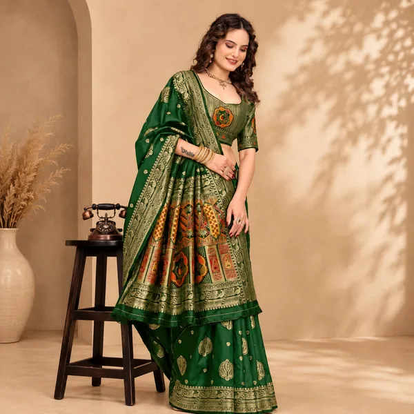 Bottle_Green_Banarasi_Silk_Golden_Zari_Work_Saree_For_Women
