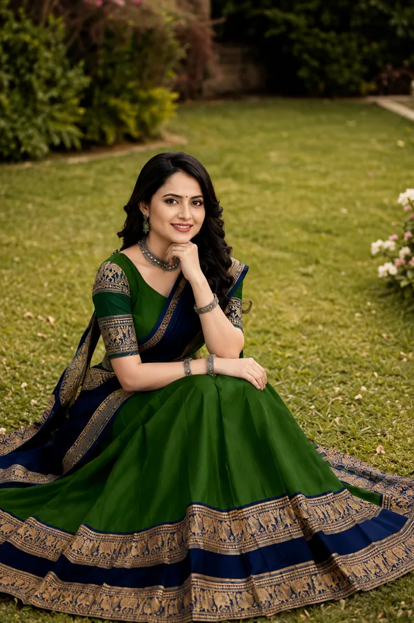 Green_Navy_Banarasi_Silk_Flared_Lehenga_Choli_Set_For_Women
