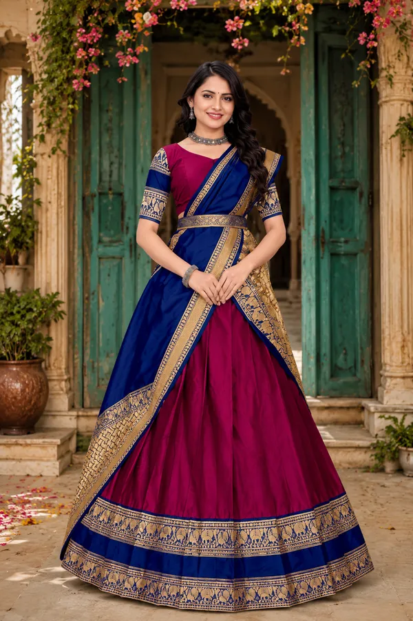 Blue_Magenta_Banarasi_Silk_Flared_Lehenga_Choli_Set_For_Women